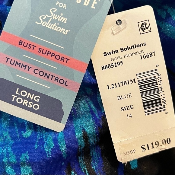 Swim Solutions Blue Panel High Neck Tummy-Control Long Torso One-Piece Swimsuit - Picture 8 of 9